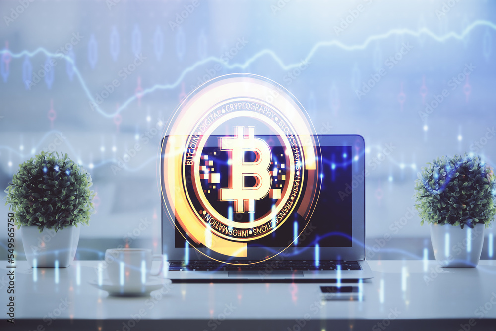 Poster Double exposure of blockchain and crypto economy theme hologram and table with computer background. Concept of bitcoin cryptocurrency.