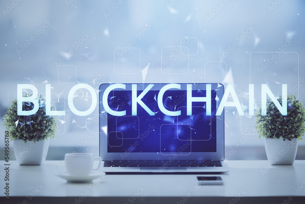 Aufkleber Double exposure of blockchain and crypto economy theme hologram and table with computer background. Concept of bitcoin cryptocurrency.