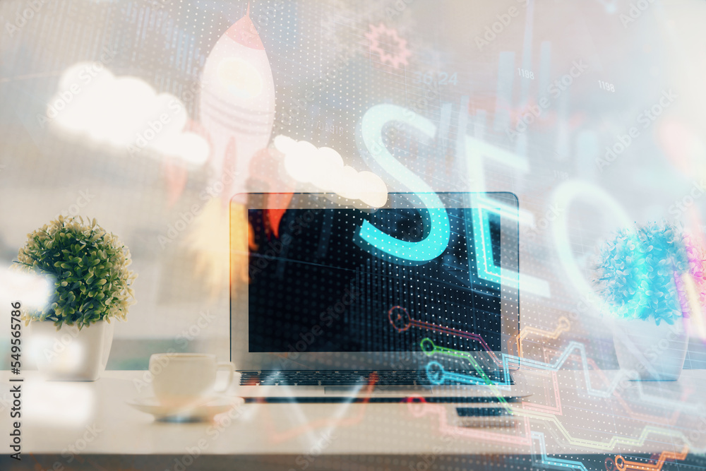 Poster Double exposure of table with computer and seo drawing hologram. Search optimization concept.