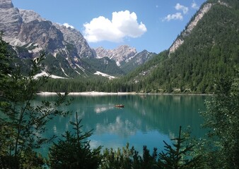 View of the beautiful Braies lake, Dolomites