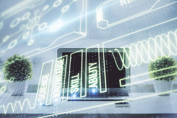 Desktop computer background and education theme drawing. Double exposure. Study concept.