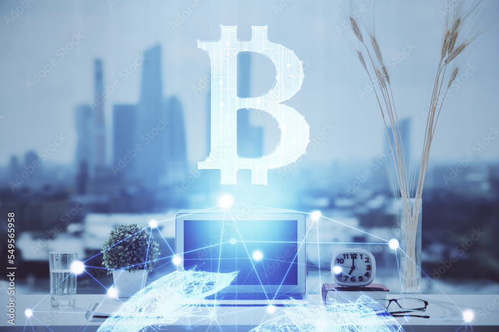 Poster Double exposure of blockchain and crypto economy theme hologram and table with computer background. Concept of bitcoin cryptocurrency.