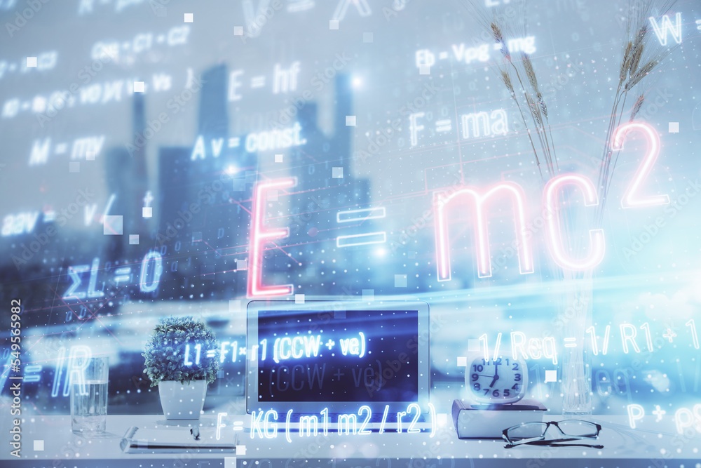 Poster desktop computer background and formula hologram writing. double exposure. education concept.