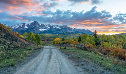 Sunset in Rocky Mountains - Autumn golden aspen foliage near Ridgway Colorado - County Road 9 - on the RR Ralph Lauren ranch 