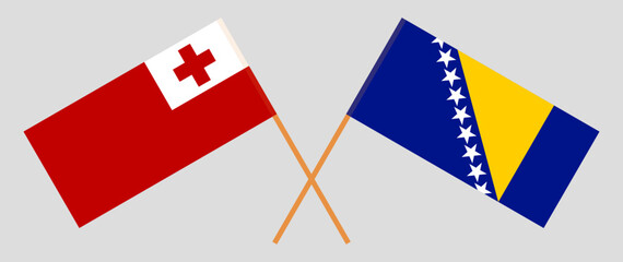 Crossed flags of Tonga and Bosnia and Herzegovina. Official colors. Correct proportion