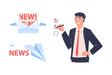 Promotion with Man Character Engaged in Marketing and Advertisement Campaign Ticking Checkbox Vector Set