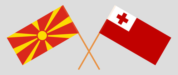 Crossed flags of North Macedonia and Tonga. Official colors. Correct proportion