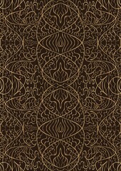 Hand-drawn unique abstract symmetrical seamless gold ornament on a dark brown background. Paper texture. Digital artwork, A4. (pattern: p02-2d)
