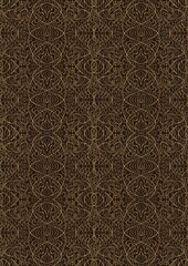 Hand-drawn unique abstract symmetrical seamless gold ornament on a dark brown background. Paper texture. Digital artwork, A4. (pattern: p02-2e)