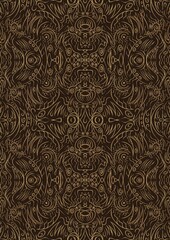 Hand-drawn unique abstract symmetrical seamless gold ornament on a dark brown background. Paper texture. Digital artwork, A4. (pattern: p03d)