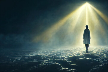 Fototapeta premium person in the clouds, religion and faith, the ascension of the soul generated sketch art