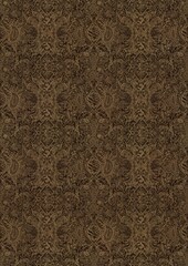 Hand-drawn unique abstract symmetrical seamless gold ornament on a dark brown background. Paper texture. Digital artwork, A4. (pattern: p04e)