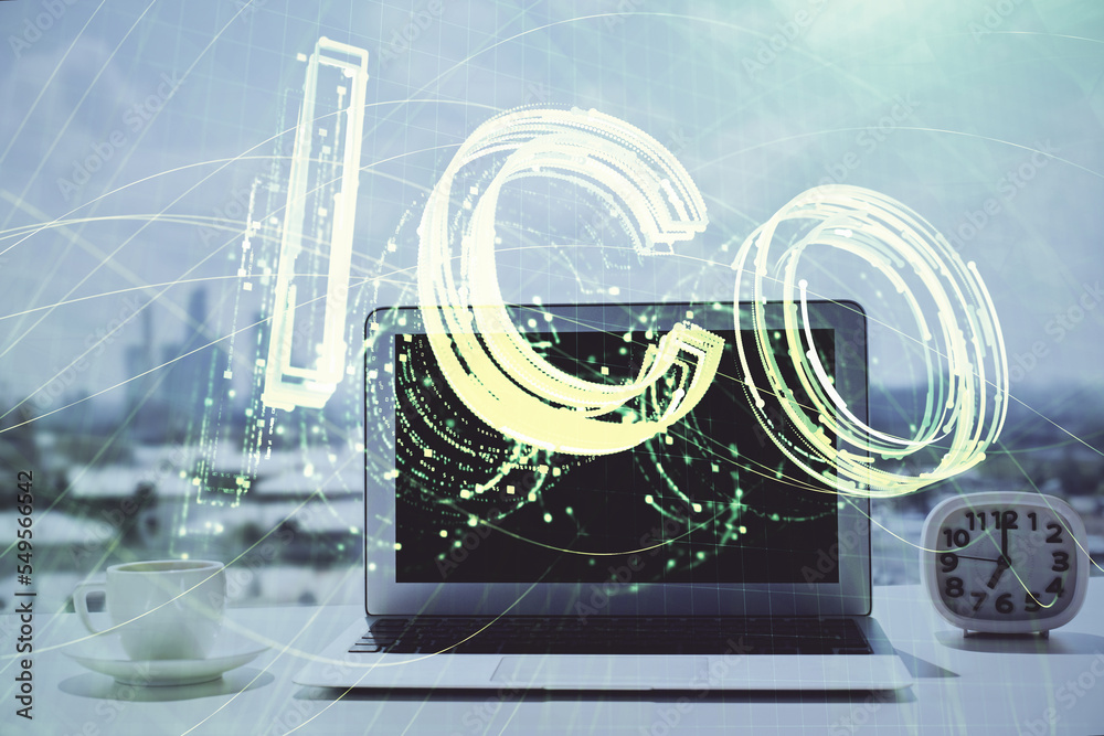 Poster Double exposure of blockchain and crypto economy theme hologram and table with computer background. Concept of bitcoin cryptocurrency.