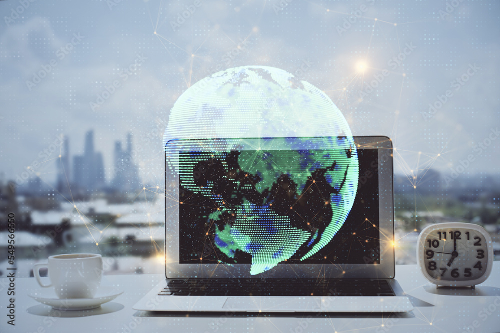 Poster computer on desktop with social network hologram. double exposure. concept of international people c