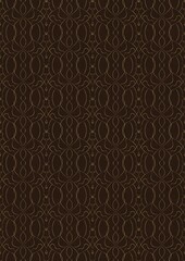 Hand-drawn unique abstract symmetrical seamless gold ornament on a dark brown background. Paper texture. Digital artwork, A4. (pattern: p08-1f)