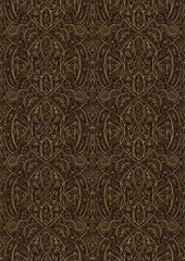 Hand-drawn unique abstract symmetrical seamless gold ornament on a dark brown background. Paper texture. Digital artwork, A4. (pattern: p08-2e)