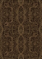 Hand-drawn unique abstract symmetrical seamless gold ornament on a dark brown background. Paper texture. Digital artwork, A4. (pattern: p09d)