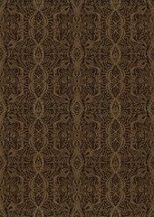 Hand-drawn unique abstract symmetrical seamless gold ornament on a dark brown background. Paper texture. Digital artwork, A4. (pattern: p09e)