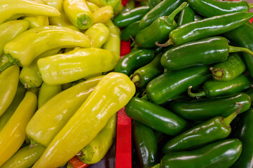 Farmers market vegetables green and yellow peppers