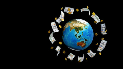 Gold coin and banknote around the globe or earth, world business concept, element by NASA, 3D rendering. - obrazy, fototapety, plakaty