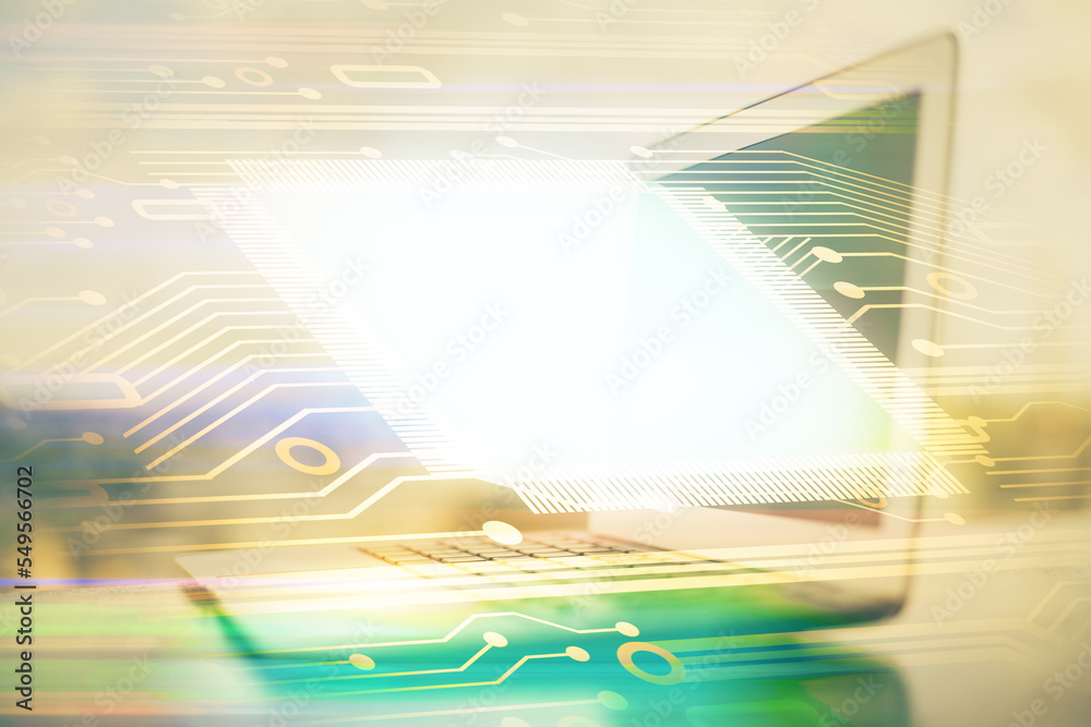 Aufkleber Double exposure of desktop with computer on background and tech theme drawing. Concept of big data.