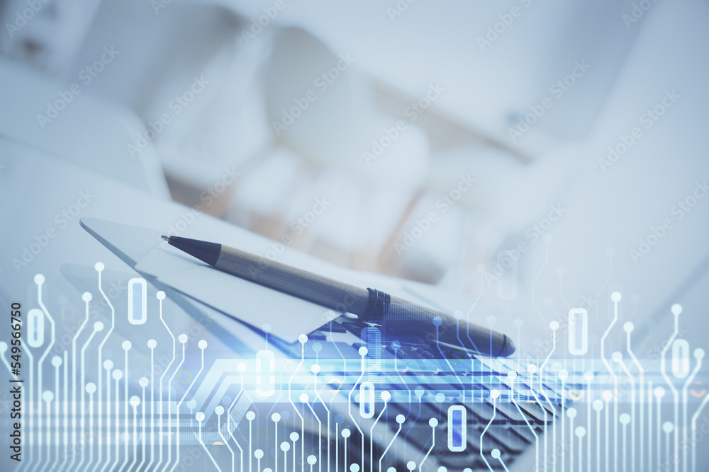 Poster Multi exposure of desktop with personal computer and tech theme drawing. Concept of Bigdata.