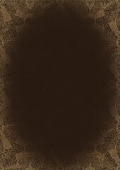 Dark brown textured paper with vignette of golden hand-drawn pattern with golden glittery splatter. Copy space. Digital artwork, A4. (pattern: p05e)