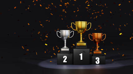 Gold champion trophy on winner 1, 2, 3 podium, stage for the first, second and third place, 3D rendering.