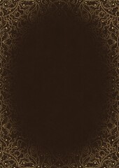 Dark brown textured paper with vignette of golden hand-drawn pattern with golden glittery splatter. Copy space. Digital artwork, A4. (pattern: p07-2d)