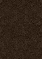 Hand-drawn unique abstract symmetrical seamless ornament. Light semi transparent brown on a dark brown background. Paper texture. Digital artwork, A4. (pattern: p01d)