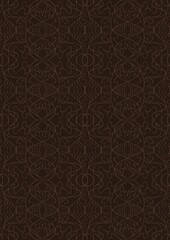 Hand-drawn unique abstract symmetrical seamless ornament. Light semi transparent brown on a dark brown background. Paper texture. Digital artwork, A4. (pattern: p02-1e)