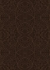 Hand-drawn unique abstract symmetrical seamless ornament. Light semi transparent brown on a dark brown background. Paper texture. Digital artwork, A4. (pattern: p02-2d)
