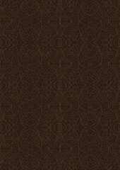 Hand-drawn unique abstract symmetrical seamless ornament. Light semi transparent brown on a dark brown background. Paper texture. Digital artwork, A4. (pattern: p02-2e)