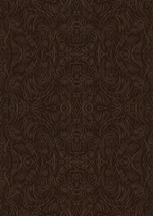 Hand-drawn unique abstract symmetrical seamless ornament. Light semi transparent brown on a dark brown background. Paper texture. Digital artwork, A4. (pattern: p03d)