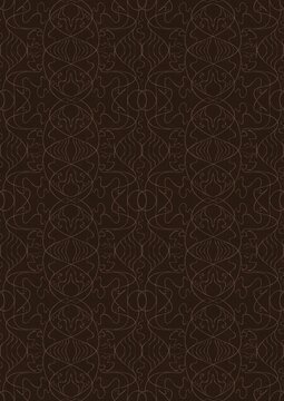 Hand-drawn unique abstract symmetrical seamless ornament. Light semi transparent brown on a dark brown background. Paper texture. Digital artwork, A4. (pattern: p02-1e) © Maria