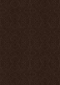 Hand-drawn unique abstract symmetrical seamless ornament. Light semi transparent brown on a dark brown background. Paper texture. Digital artwork, A4. (pattern: p02-2e)