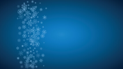 New Year snowflakes on blue background with sparkles. Horizontal Christmas and New Year snowflakes  falling. For season sales, special offer, banners, cards, party invites, flyer. White frosty snow