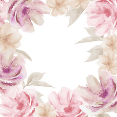 Light Pink Floral Square Frame Background. Flower Watercolor Frame on white.