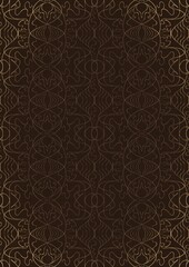 Hand-drawn unique abstract ornament. Light semi transparent brown on a dark brown background, with vignette of same pattern in golden glitter. Paper texture. Digital artwork, A4. (pattern: p02-1e)
