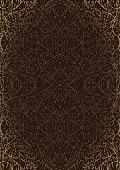 Hand-drawn unique abstract ornament. Light semi transparent brown on a dark brown background, with vignette of same pattern in golden glitter. Paper texture. Digital artwork, A4. (pattern: p02-2d)
