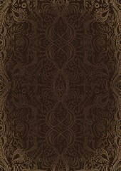 Hand-drawn unique abstract ornament. Light semi transparent brown on a dark brown background, with vignette of same pattern in golden glitter. Paper texture. Digital artwork, A4. (pattern: p09d)