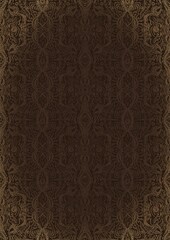 Hand-drawn unique abstract ornament. Light semi transparent brown on a dark brown background, with vignette of same pattern in golden glitter. Paper texture. Digital artwork, A4. (pattern: p09e)