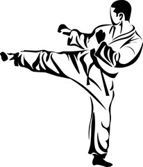 Black and White Cartoon Illustration Vector of a Martial Arts Fighter Kicking Wearing Robes