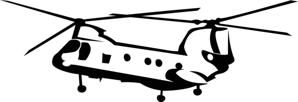 Black and White Cartoon Illustration Vector of a Chinook Military Transport Helicopter