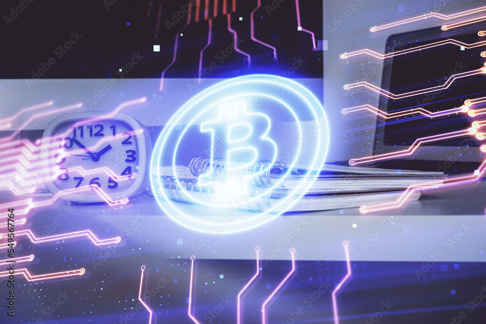 Aufkleber Multi exposure of blockchain theme hologram and table with computer background. Concept of bitcoin crypto currency.
