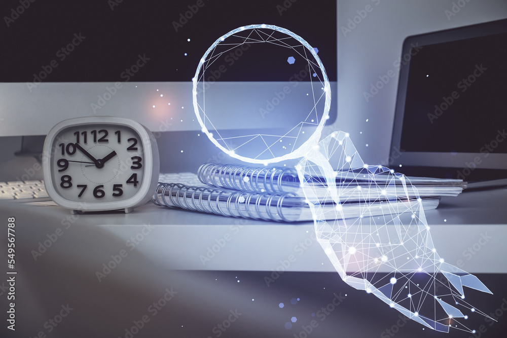 Aufkleber desktop computer background in office and start up theme hologram drawing. double exposure. startup 