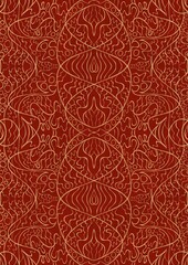 Hand-drawn unique abstract symmetrical seamless gold ornament on a bright red background. Paper texture. Digital artwork, A4. (pattern: p02-2d)