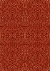 Hand-drawn unique abstract symmetrical seamless gold ornament on a bright red background. Paper texture. Digital artwork, A4. (pattern: p02-2e)