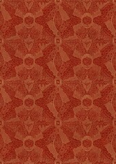 Hand-drawn unique abstract symmetrical seamless gold ornament on a bright red background. Paper texture. Digital artwork, A4. (pattern: p05e)