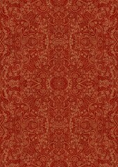 Hand-drawn unique abstract symmetrical seamless gold ornament on a bright red background. Paper texture. Digital artwork, A4. (pattern: p06d)